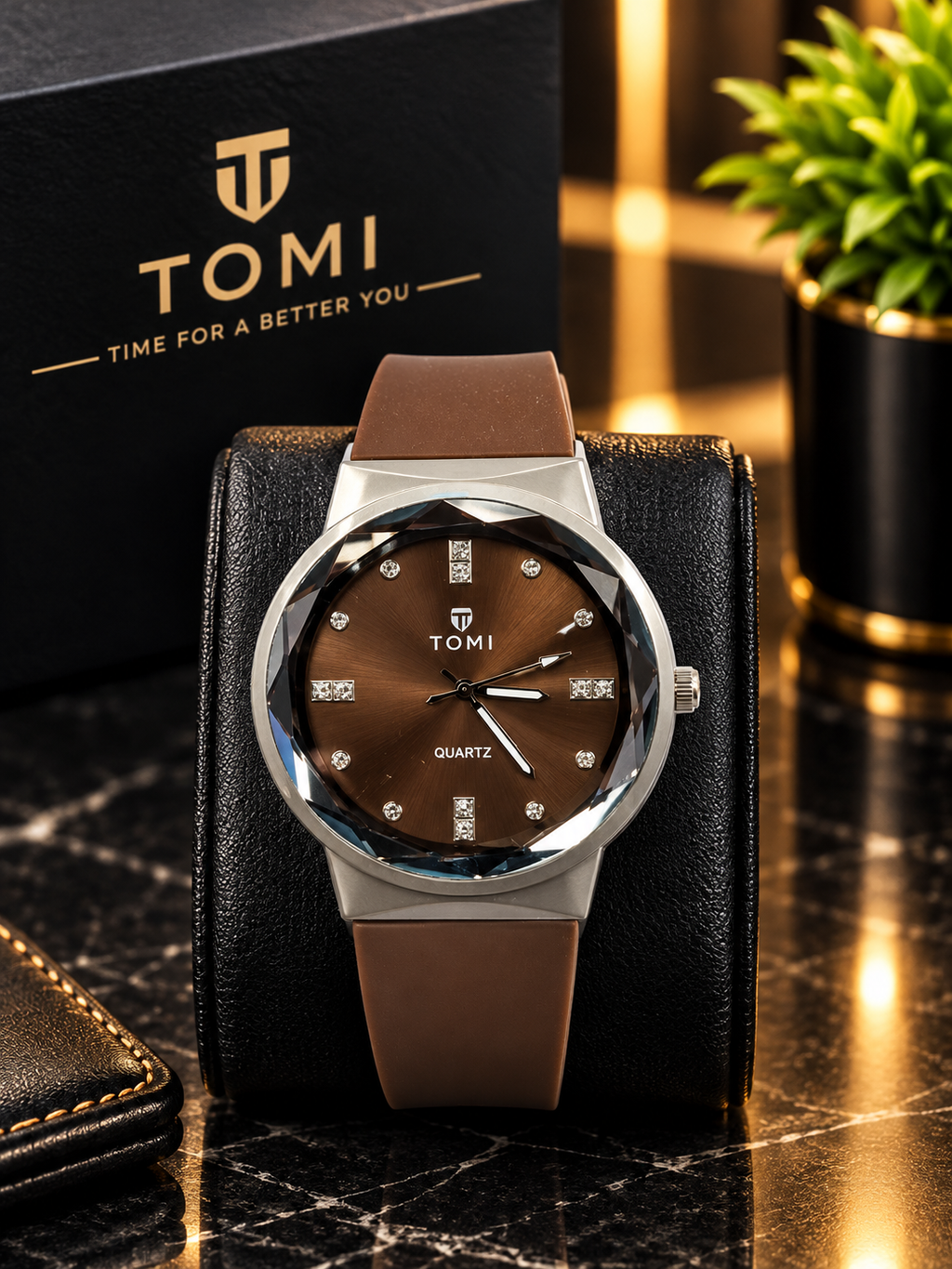 TOMI Men's Brown Dial Watch with Silver-Tone Case and Brown Strap