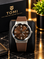 TOMI Men's Brown Dial Watch with Silver-Tone Case and Brown Strap