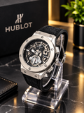 Hublot-Inspired Men's Silver Skeleton Dial Watch with Black Strap