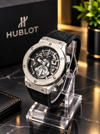 Hublot-Inspired Men's Silver Skeleton Dial Watch with Black Strap