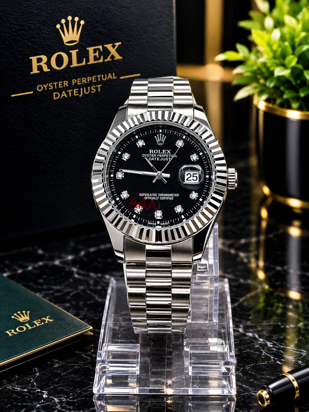 Silver & Black Luxury Style Men’s Watch with Diamond-Style Dial, Fluted Bezel & Stainless Steel Bracelet