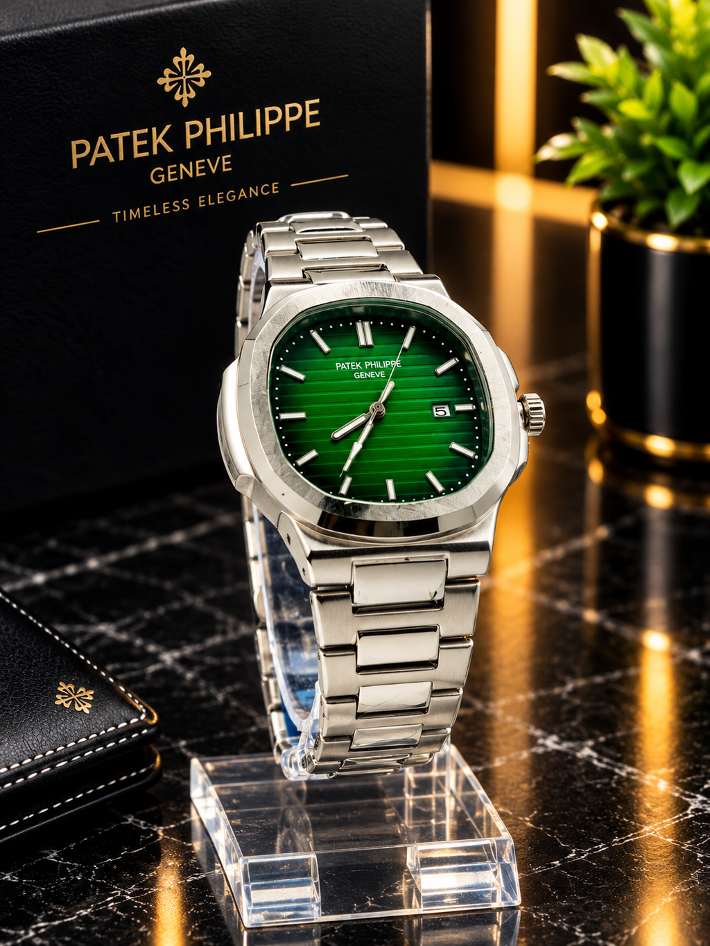 Luxury Green Dial Stainless Steel Men's Watch – Elegant Silver Bracelet Wristwatch