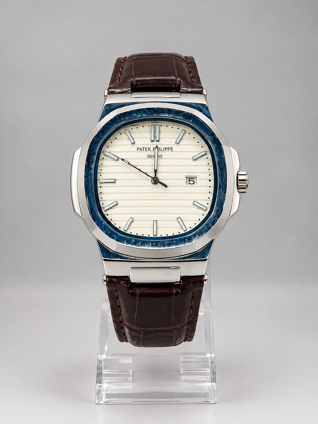 Patek Philippe Style Silver & Blue Luxury Watch with Brown Leather Strap