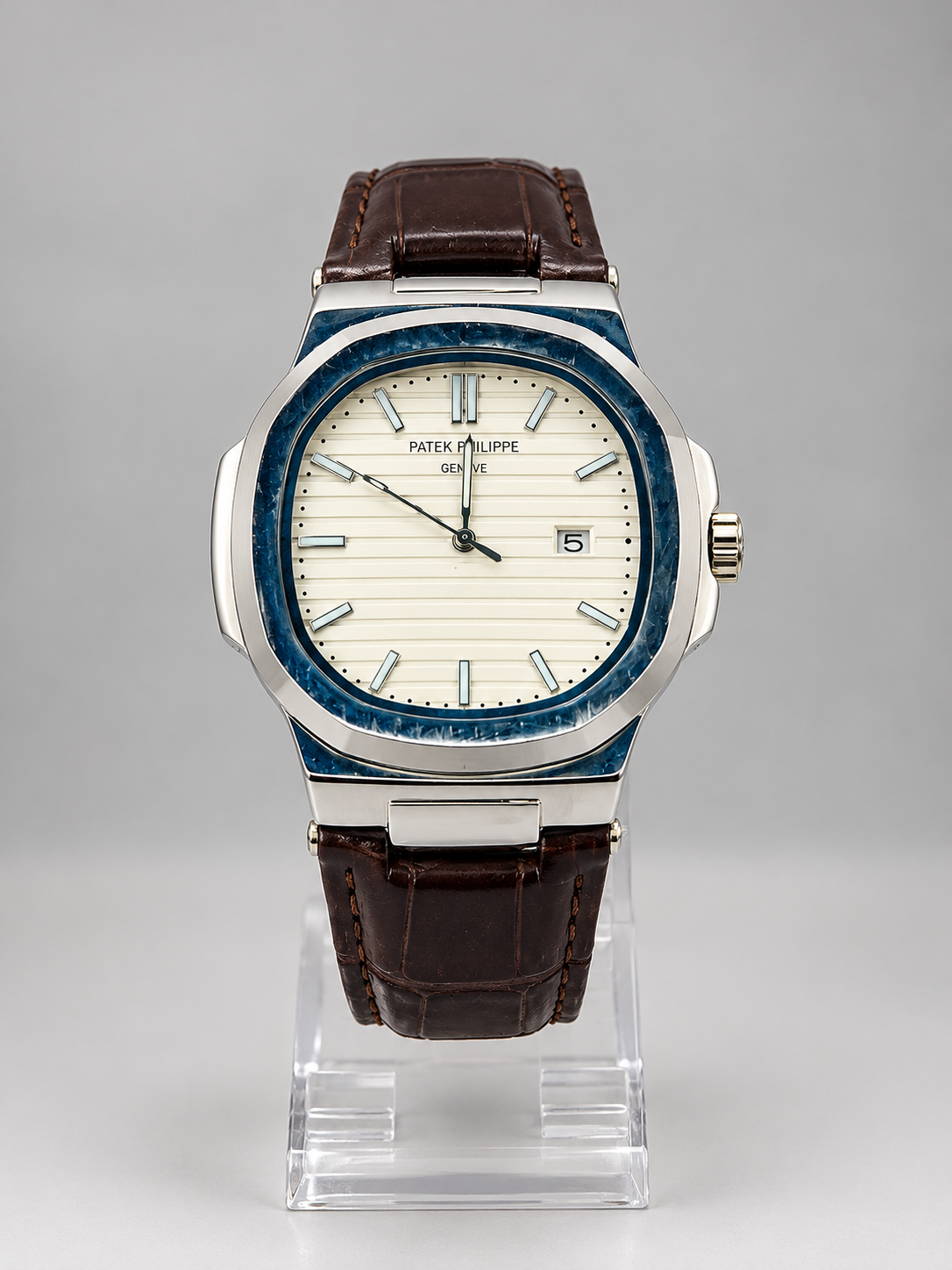 Patek Philippe Style Silver & Blue Luxury Watch with Brown Leather Strap