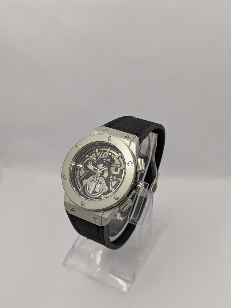 Hublot-Inspired Men's Silver Skeleton Dial Watch with Black Strap