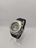 Hublot-Inspired Men's Silver Skeleton Dial Watch with Black Strap