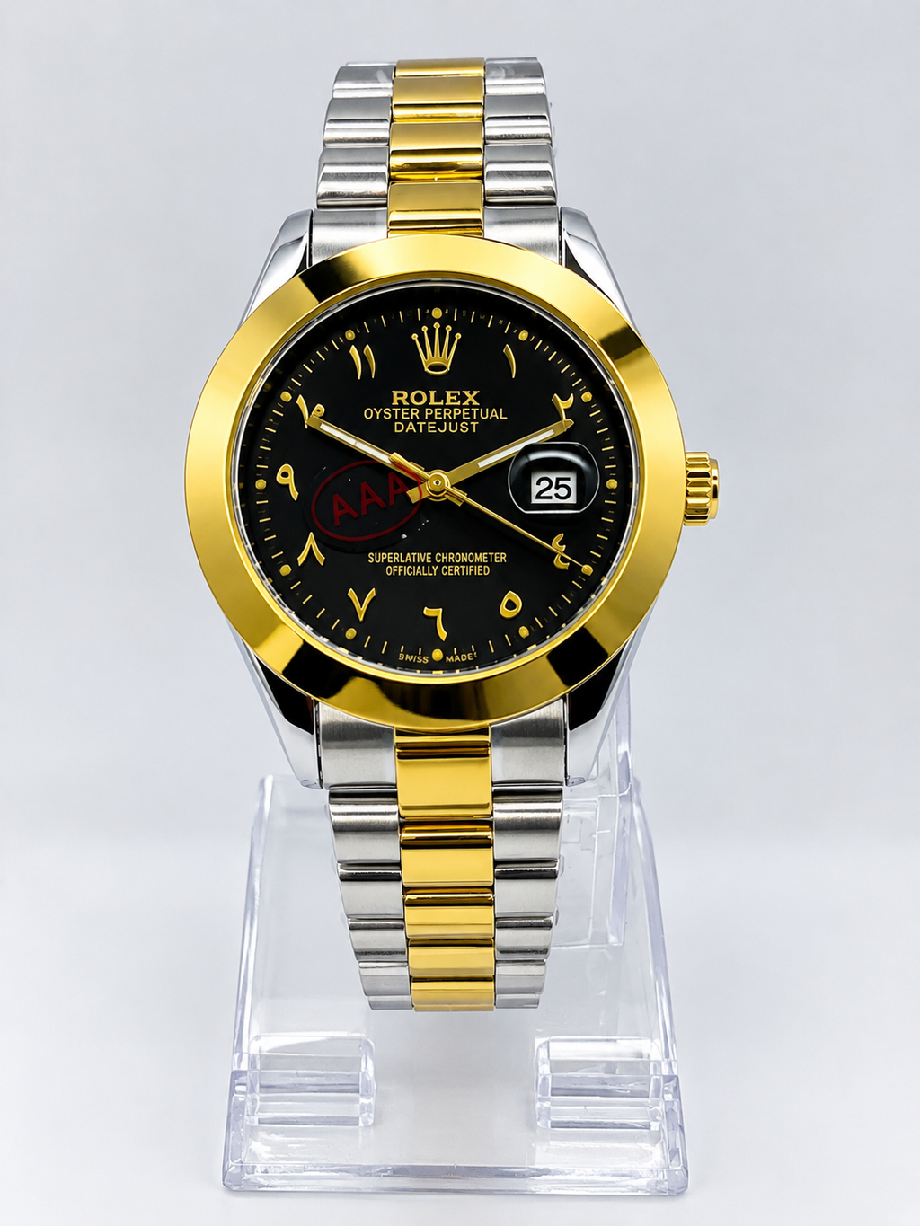 Luxury Two-Tone Gold & Silver Men's Watch – Black Dial, Gold Bezel, Date Display & Stainless Steel Bracelet