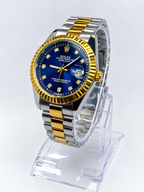 Luxury Two-Tone Blue Dial Watch – Gold Fluted Bezel & Silver-Gold Bracelet