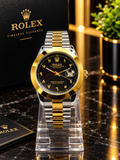 Luxury Two-Tone Gold & Silver Men's Watch – Black Dial, Gold Bezel, Date Display & Stainless Steel Bracelet