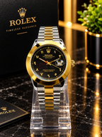 Luxury Two-Tone Gold & Silver Men's Watch – Black Dial, Gold Bezel, Date Display & Stainless Steel Bracelet