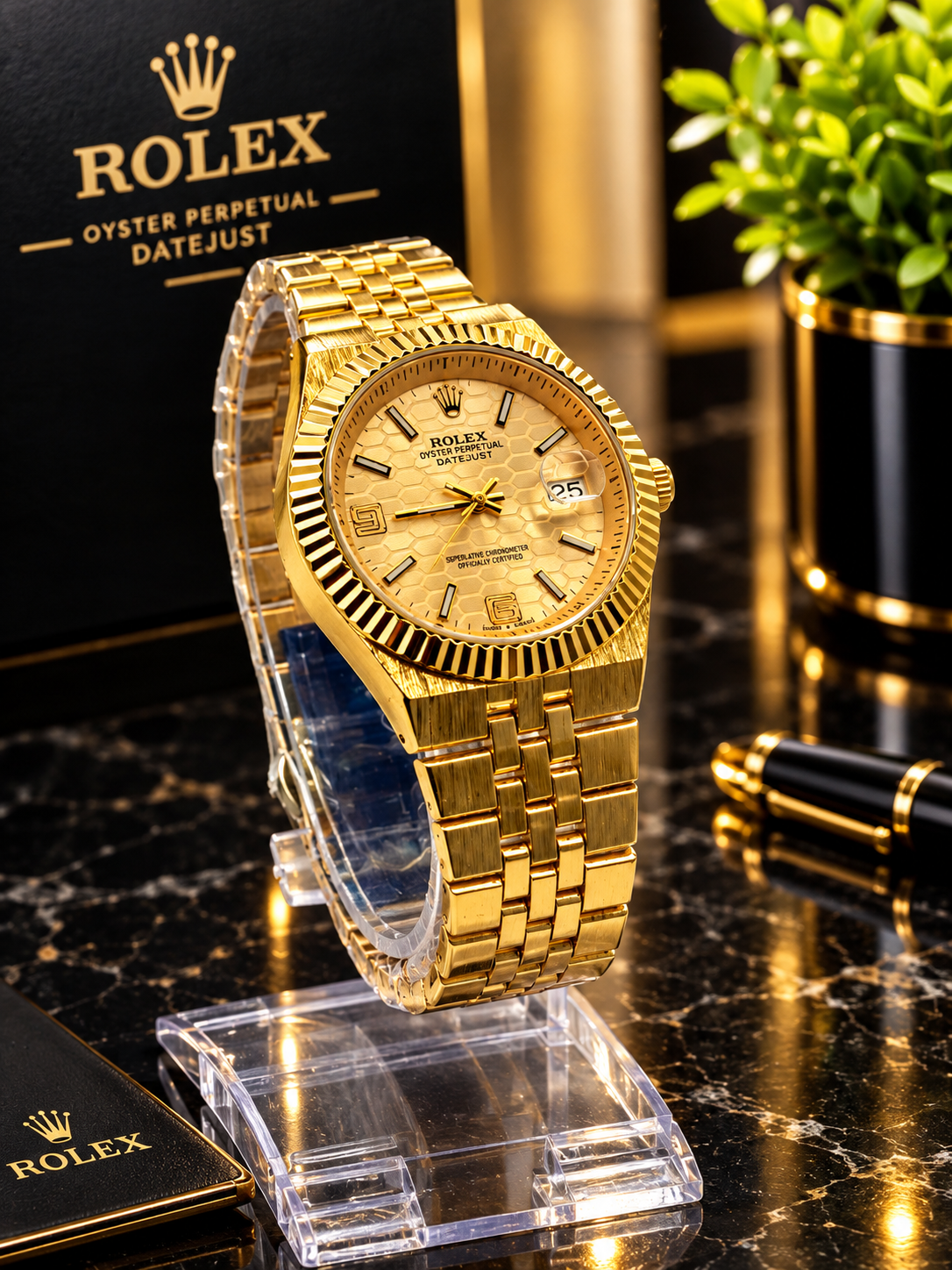 Luxury Gold Men’s Watch with Champagne Honeycomb Dial & Fluted Bezel