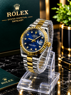 Luxury Two-Tone Blue Dial Watch – Gold Fluted Bezel & Silver-Gold Bracelet