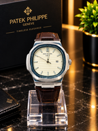 Patek Philippe Style Silver & Blue Luxury Watch with Brown Leather Strap