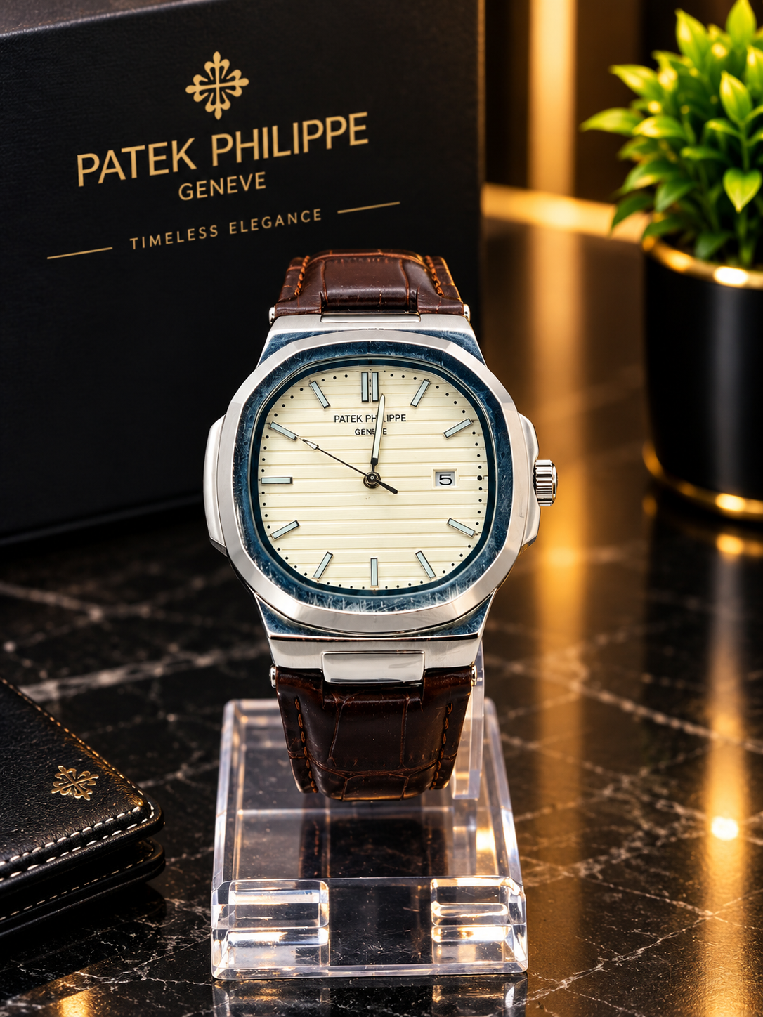 Patek Philippe Style Silver & Blue Luxury Watch with Brown Leather Strap